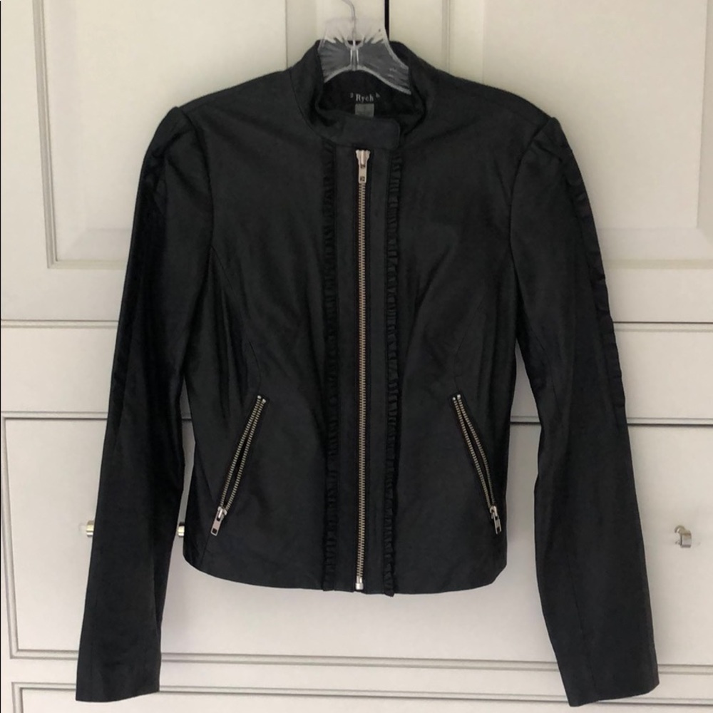 Genuine leather moto jacket with scalloped detail